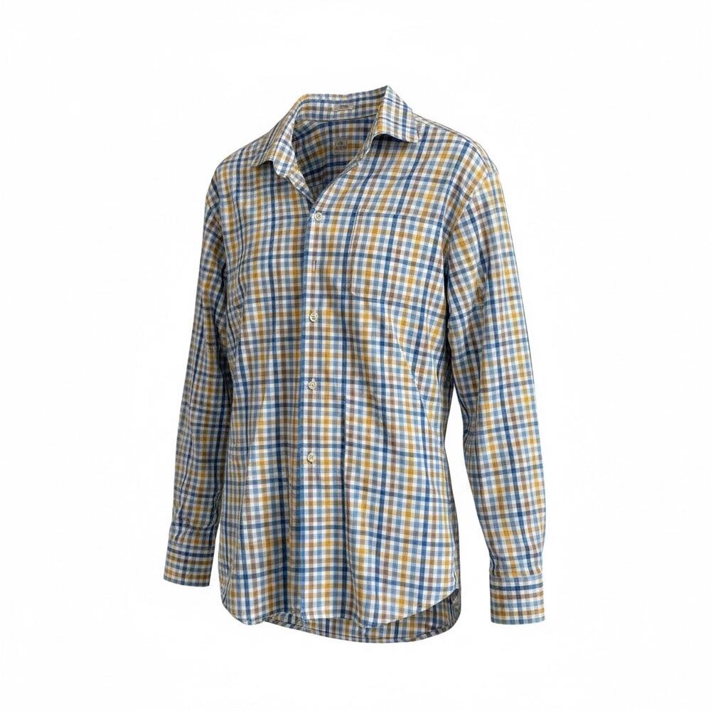 Peter Millar Blue Yellow Brown Plaid Cotton Button Down Shirt Men’s L